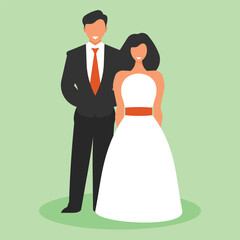 Wedding couple flat design vector illustration isolated on a green background.