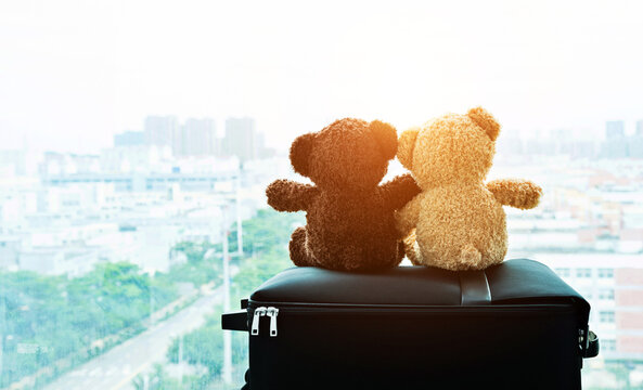 Two embracing teddy bears waiting on a suitcase