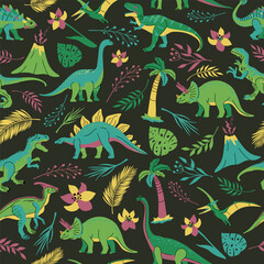 Seamless pattern with bright dinosaurs and green plants including T-rex, Brontosaurus, Triceratops, Velociraptor, Pteranodon, Allosaurus, etc. Isolated on dark background
