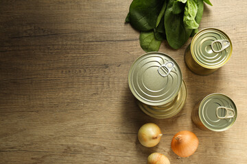 Canned food in blank metal jars, concept of canned food