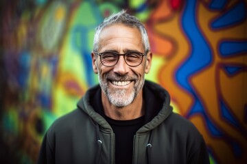 Obraz premium Medium shot portrait photography of a satisfied mature man wearing a stylish hoodie against a vibrant street mural background. With generative AI technology
