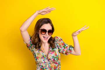 Photo of crazy positive cheerful lady in sunglass enjoy summer season vacation dancing energetic isolated shine color background