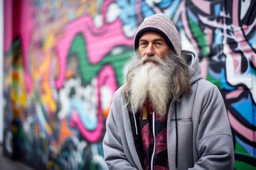 Medium shot portrait photography of a satisfied mature man wearing a stylish hoodie against a vibrant street mural background. With generative AI technology