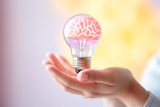 Idea, success thinking, Hand holding lightbulb, brain inside, innovation concept, generative ai