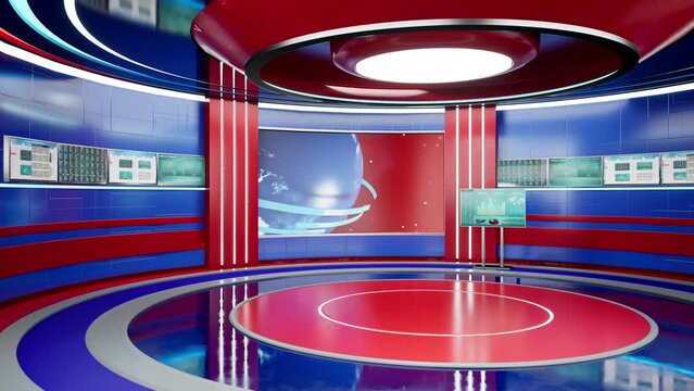 Tv news stage, broadcasting world news animation on television international channel. Modern news room studio with screen, visual presentation next to graphic package. 3d render animation.