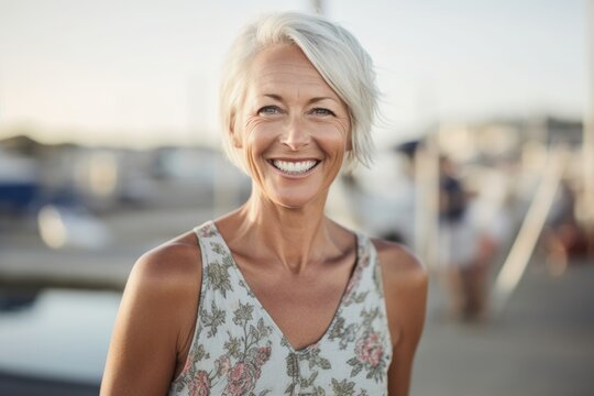 Lifestyle portrait photography of a grinning mature girl wearing breezy shorts against a busy marina background. With generative AI technology