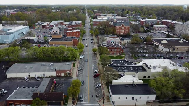 Oberlin, Ohio.  Main Street. business corridor, aerial drone footage