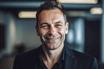 Obraz premium Smiling man wearing black in an office environment. Generative AI.