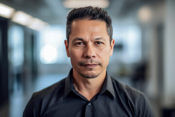 Obraz premium Man in a black shirt standing in an office. Generative AI.