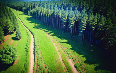 Fototapeta na wymiar Aerial view of the road in the coniferous forest. Generative AI.