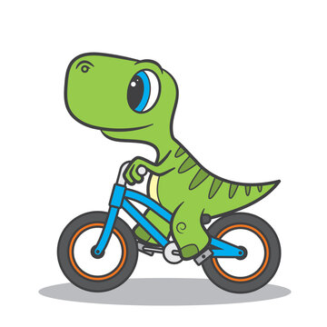vector cartoon funny image of a dinosaur riding a blue bicycle. Isolated on white background
