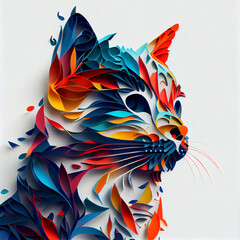 Generative AI illustration cat papercut colorful in white background.