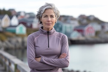 Medium shot portrait photography of a glad mature woman wearing soft sweatpants against a scenic coastal village background. With generative AI technology