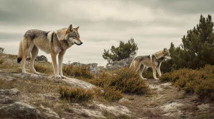 Obraz premium Two wolves standing on a hill with the sky in the background