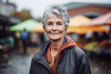 Medium shot portrait photography of a glad mature woman wearing a lightweight windbreaker against a vibrant farmer's market background. With generative AI technology