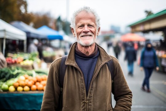 Medium shot portrait photography of a satisfied mature man wearing a cozy sweater against a vibrant farmer's market background. With generative AI technology