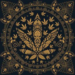 Cannabis marijuana Hemp Golden leaf vector illustration square mandala for print, logo, wallpape