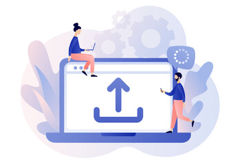 Upload symbol. Load sign. Tiny people uploading data, files from laptop. Data exchange concept. Modern flat cartoon style. Vector illustration on white background
