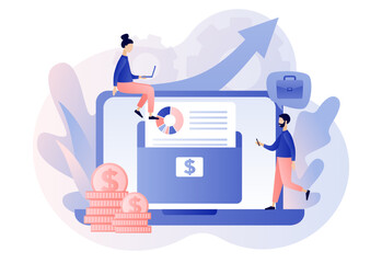 Investment portfolio online. Tiny people with stock portfolio planning invest strategy, savings and budgets. Diversified assets. Financial management concept. Modern flat cartoon style. Vector 