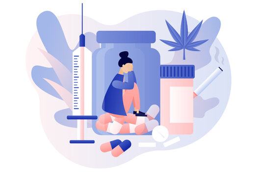 Say no to drug. International day against drug abuse. Addiction treatment, narcotic addict medication. Problem addiction. Woman addicted to prescription drugs pills. Modern flat cartoon style. Vector