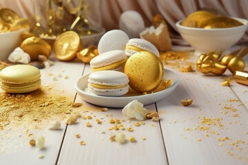 Fototapeta na wymiar Tasty macaroons on a wooden table with golden glitter. Super photo realistic background, generative ai illustration