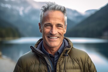 Close-up portrait photography of a grinning mature man wearing breezy shorts against a serene alpine lake background. With generative AI technology