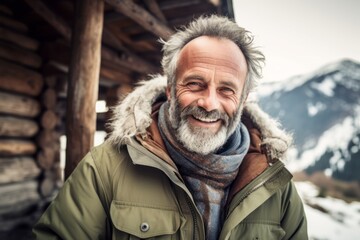 Obraz premium Conceptual portrait photography of a joyful mature man wearing a warm parka against a picturesque mountain chalet background. With generative AI technology