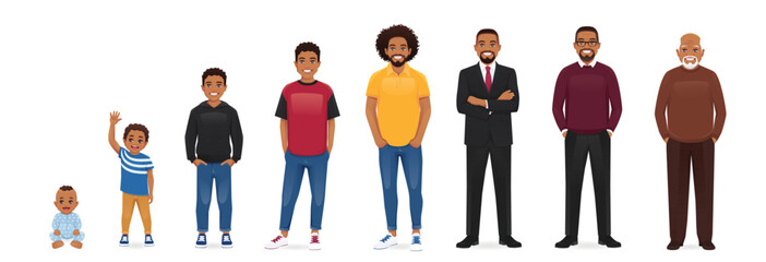 African man of different life stages cartoon characters. Baby, child, teenager, adult, mature and old persons vector illustration isolated - Powered by Adobe