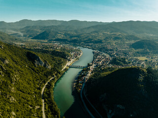 Fototapeta na wymiar Bridge over Drina in Višegrad (Bosnia and Hezegovina) Aerial View