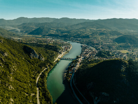 Bridge over Drina in Vi&scaron;egrad (Bosnia and Hezegovina) Aerial View