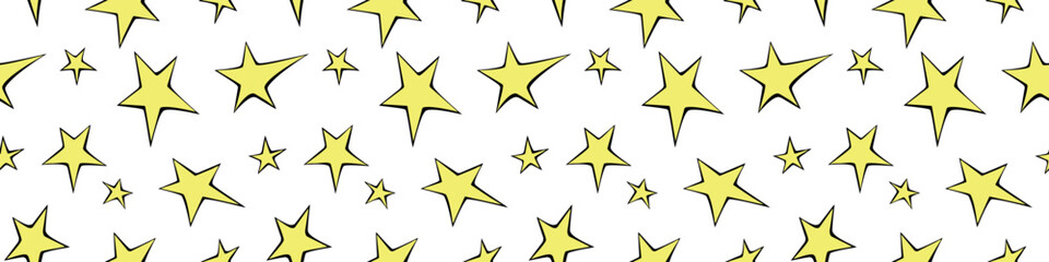 Seamless pattern of yellow stars in doodle flat style. Simple color background and texture on theme of night sky, space, astronomy, kids design