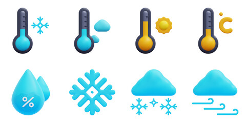 Weather 3d vector icon set. Cold, cool, heat, temperature, humidity, snowflake, snowy, windy. Isolated on white background. 3d icon vector render illustration.