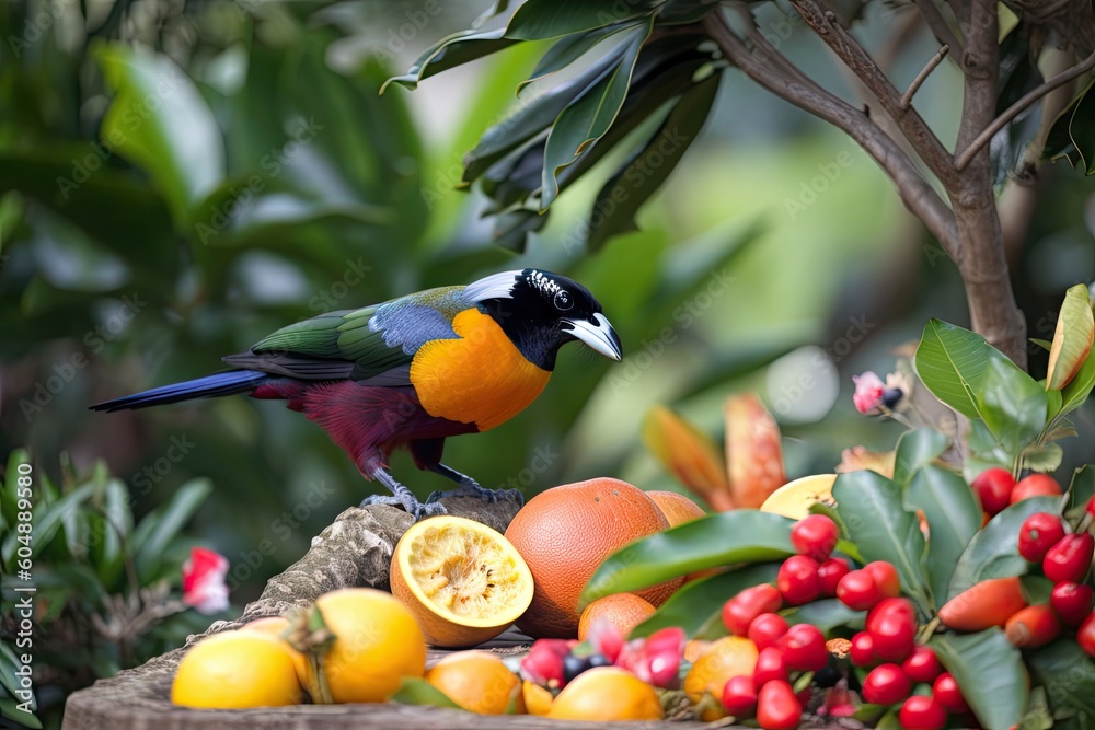 Wall mural exotic bird feeding on fruit or berries in garden setting, created with generative ai - Wall murals