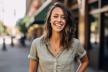 Lifestyle portrait photography of a happy girl in her 30s wearing a casual short-sleeve shirt against a lively downtown street background. With generative AI technology