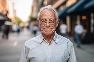 Medium shot portrait photography of a glad old man wearing a classy button-up shirt against a lively downtown street background. With generative AI technology