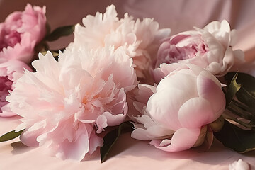 Pink peonies on the pink background. Top view.Generation AI