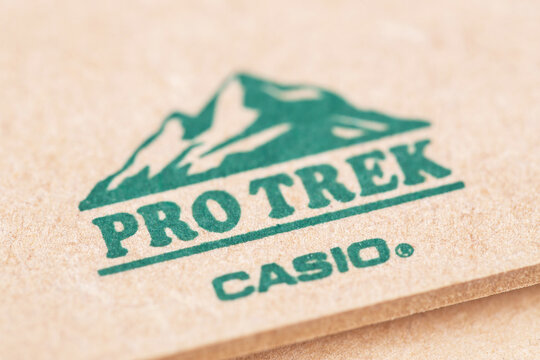 Casio ProTrek logo metal box closeup. G-Shock is a line of watches manufactured by Japanese electronics company Casio. Batumi, Georgia - April 4, 2023