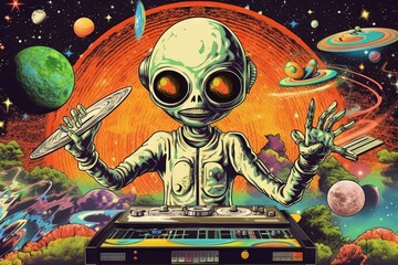 aliens funkyfizing the planet earth with Funky music 70s seventies illustration generative ai