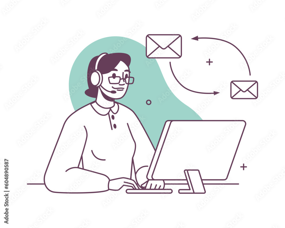 Poster Millennial call center agent wearing headset talk working on pc on helpline in shared office, exchanging email letters. Operator consult clients on customer service call helpdesk, thin line