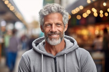 Lifestyle portrait photography of a glad mature man wearing a cozy zip-up hoodie against a bustling outdoor bazaar background. With generative AI technology