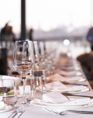table setting at the event. clean glasses on the table