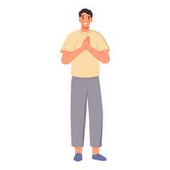 Man clapping with hands, applauding flat cartoon person. Happy guy greeting someone, congratulating with appreciation. Vector illustration of man showing support gestures, applause