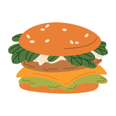 Street fast food set. Sweet desserts, snacks, takeaway eating. Burger, pizza, sandwich, croissant with fillings. Flat vector illustrations isolated on white background