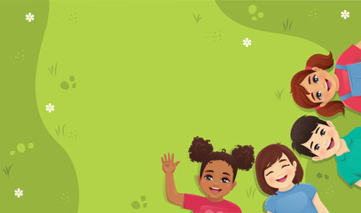 Multiethnic friends. Different kids boys and girls lying on grass together. Summer happy children day background isolated vector illustration