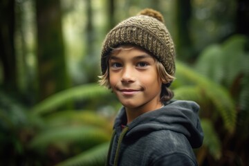 Environmental portrait photography of a glad kid male wearing a warm beanie against a scenic tropical rainforest background. With generative AI technology