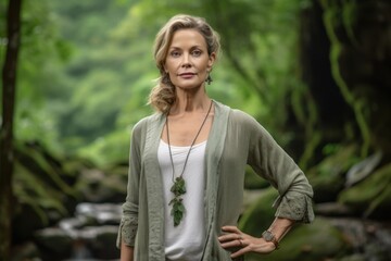 Medium shot portrait photography of a tender mature woman wearing a chic cardigan against a scenic tropical rainforest background. With generative AI technology