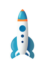 Fantastic cartoon rocket illustration. White spaceship with blue elements. Png on transparent background.