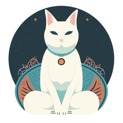 Zen cat illustration. Meditating White Cat in the lotus pose. The concept of relaxation and mental health care. PNG illustration on transparent background.