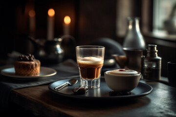  Magnificent breakfast with espresso and macchiato on bar countertop. Generative AI