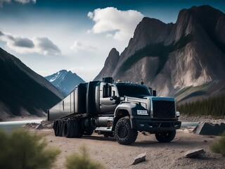 Truck in the mountains concept, Generative ai